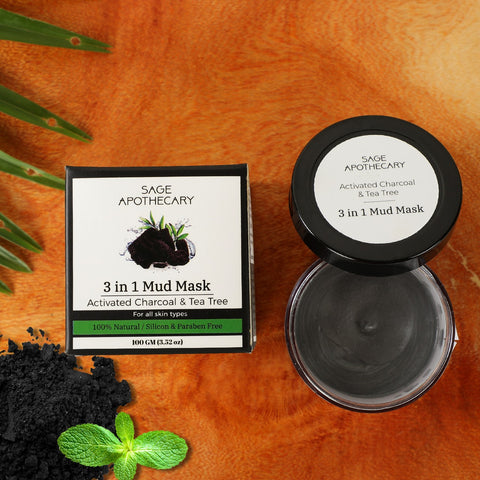 Sage Apothecary 100% Pure Natural Activated Charcoal & Tea Tree 3 In 1 Mud Face Mask|Remove Blackheads, Dust & Unwanted Particles from Skin Silicon & Paraben Free, for Men & Women - 100GM